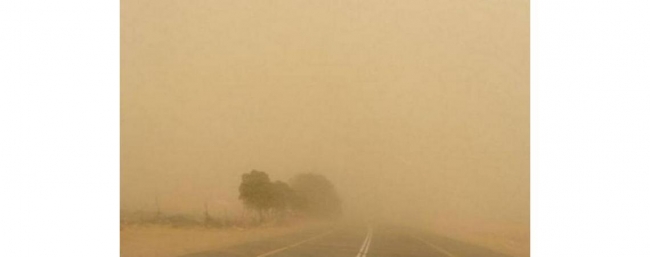 انعدام مدى الرؤية الأفقية على الطريق الصحراوي بسبب الغبار الكثيف (فيديو)