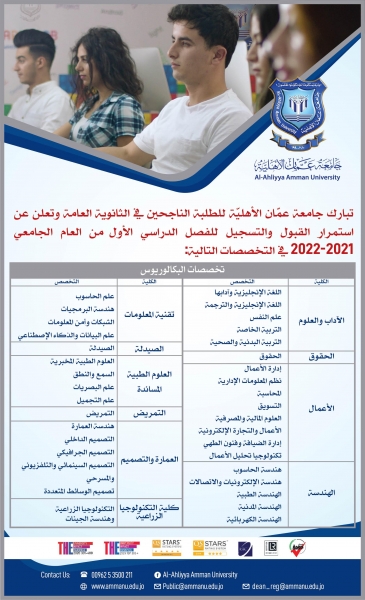 عمان الأهلية  تعلن عن استمرار القبول والتسجيل في تخصصات درجة البكالوريوس للفصل الأول من العام الجامعي 20212022