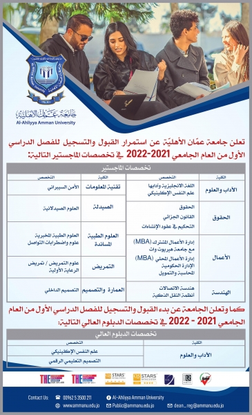 عمان الأهلية  تعلن عن استمرار القبول والتسجيل في تخصصات درجة الماجستير والدبلوم العالي للفصل الأول من العام الجامعي 20212022