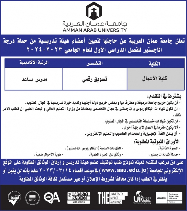 اعلان توظيف صادر عن جامعة عمان العربية