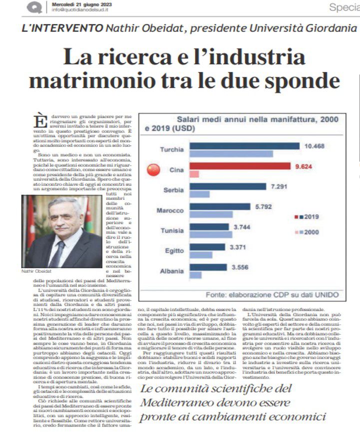 رئيس الأردنية في حديث خاص لصحيفة il Quotidiano del Sud الإيطالية: رأس المال الفكري من أهم عوامل التأثير على النمو الاقتصادي