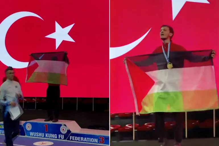 بطل أوروبا في الكونغ فو يرفع علم فلسطين ويؤدي رقصة أصحاب الأرض