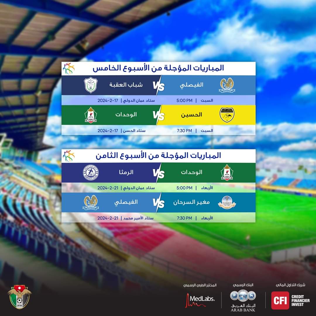 تحديد مواعيد المباريات المؤجلة من الدوري الأردني للمحترفين
