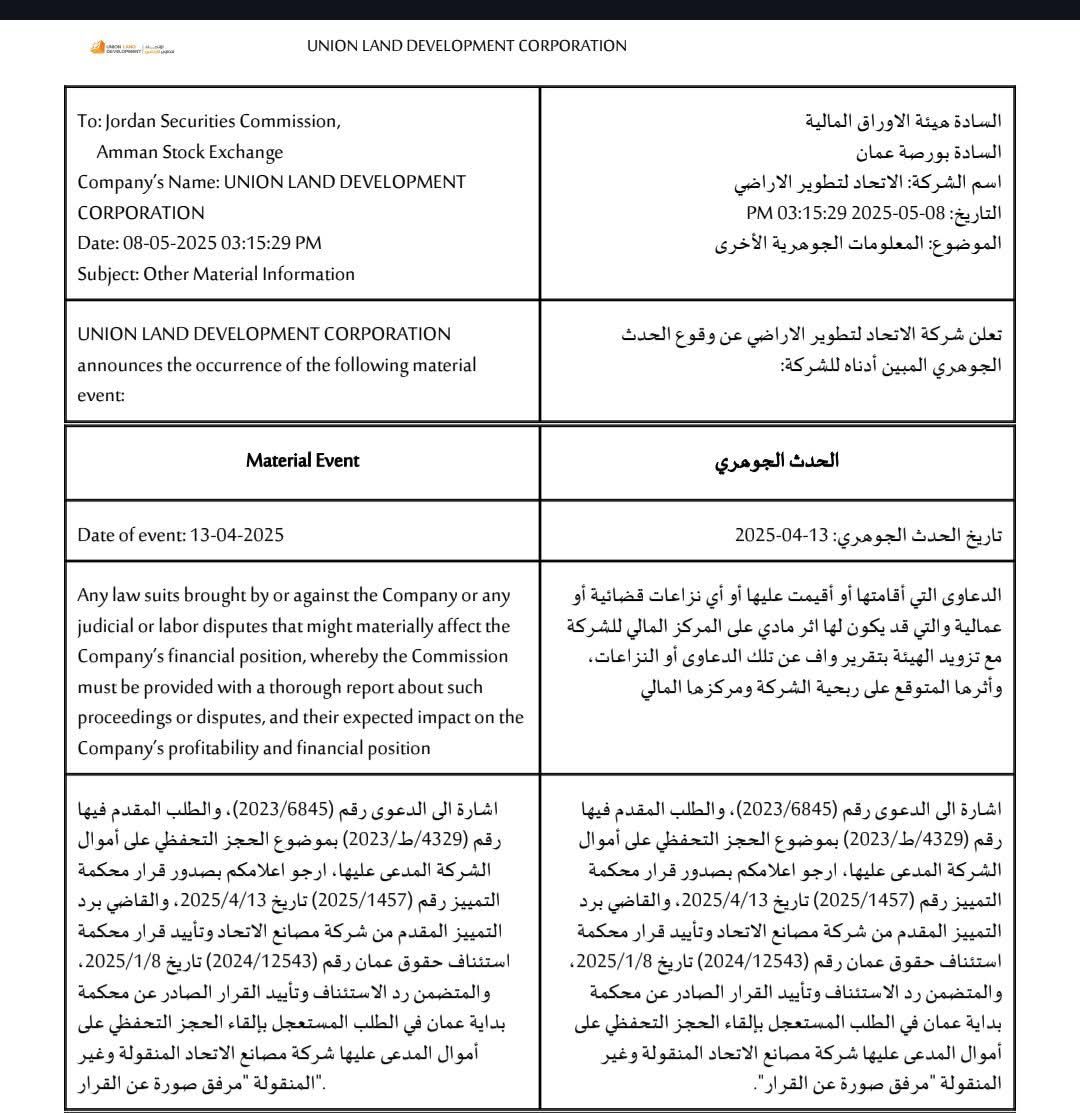 شركة  الاتحاد لتطوير الاراضي تقوم بالحجز على الأموال المنقولة وغير المنقولة على مصنع الاتحاد لصناعة السجائر .وجاء هذا في إفصاح جديد لشركة الاتحاد في هيئة الأوراق المالية.