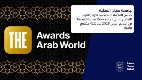 عمّان الأهلية ضمن القائمة المختصرة لجوائز التايمزعربيا 2025 عن ثلاثة مشاريع ريادية