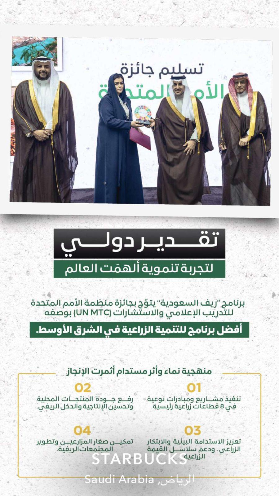 جائزة من الامم المتحدة لأفضل برنامج للتنمية الزراعية في الشرق الأوسط.