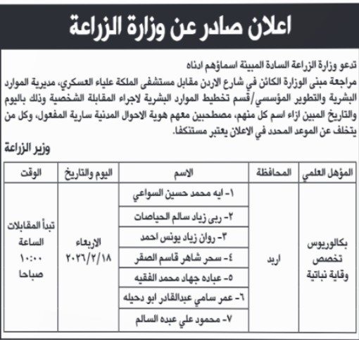 بالأسماء .. وزارة الزراعة تدعو مرشحين لإجراء المقابلات الشخصية