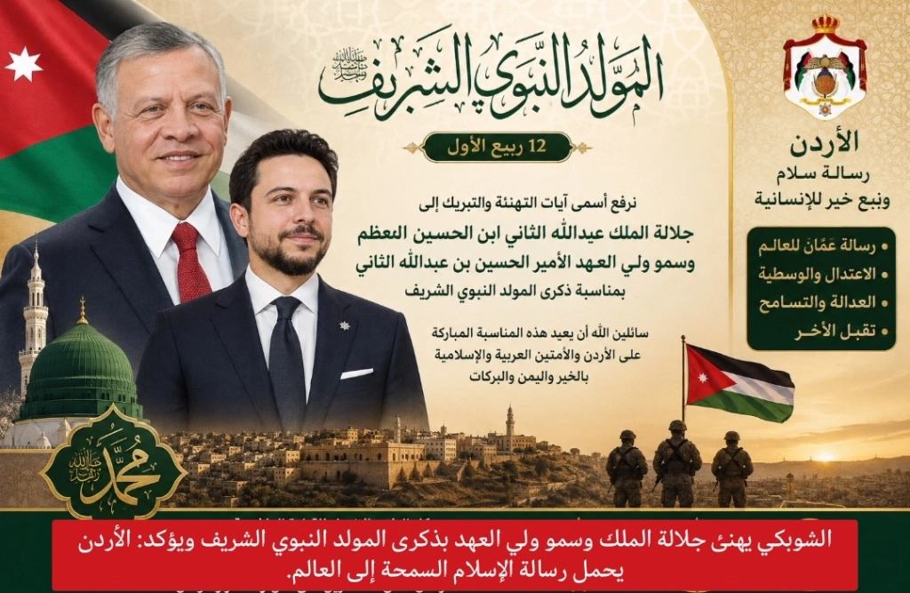 الشوبكي يهنئ جلالة الملك وسمو ولي العهد بذكرى المولد النبوي الشريف ويؤكد: الأردن يحمل رسالة الإسلام السمحة إلى العالم.
