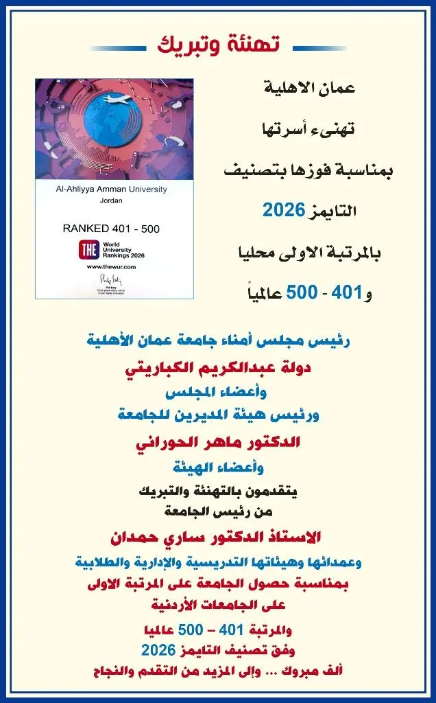 عمان الاهلية تهنىء أسرتها بمناسبة فوزها بتصنيف التايمز 2026 بالمرتبة الاولى محليا و401 - 500 عالميا