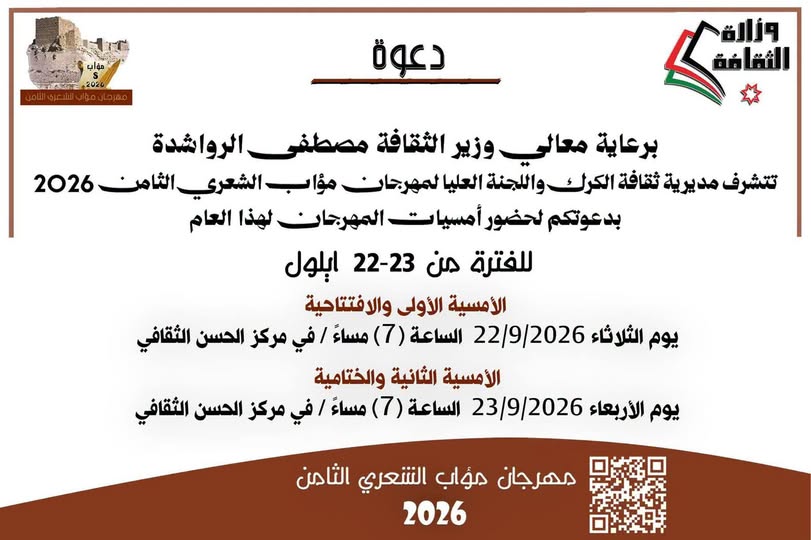 برعاية وزير الثقافة .. مهرجان "مؤاب" الشعري الثامن ينطلق الثلاثاء المقبل