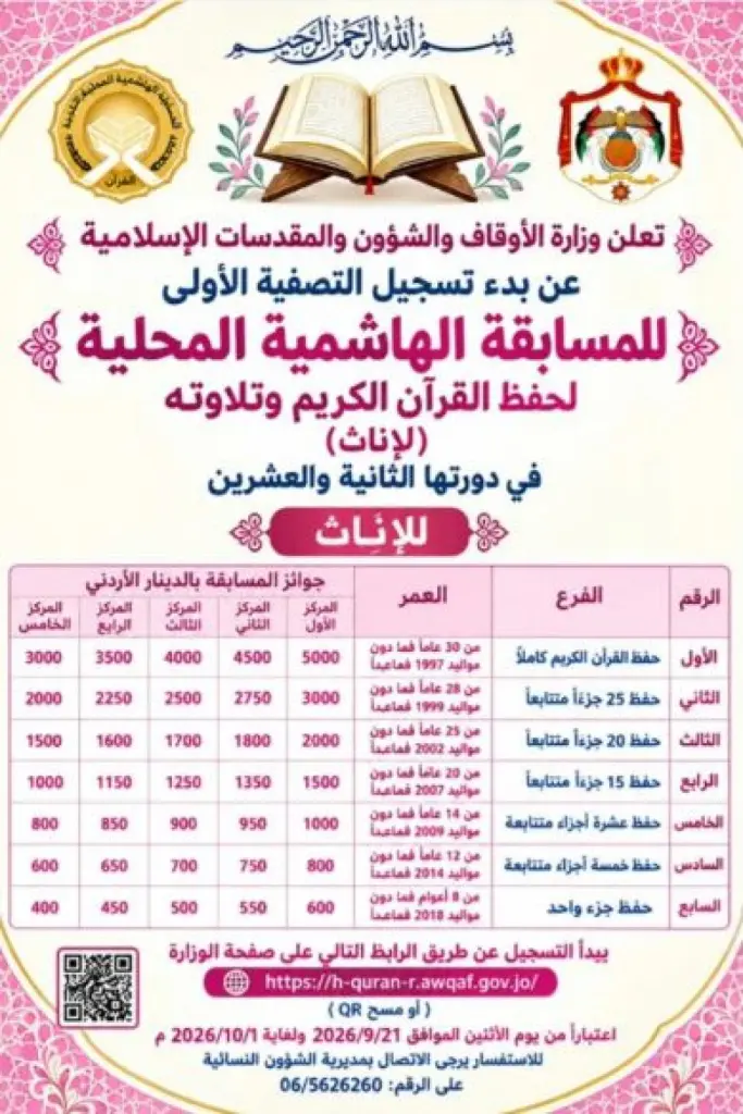 الأوقاف تعلن بدء التسجيل للتصفية الأولى للمسابقة الهاشمية القرآنية للإناث