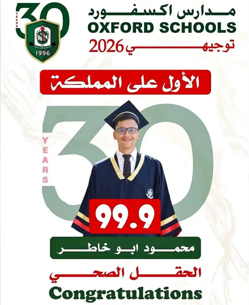 مدارس أكسفورد تحتفي بطالبها محمود أبو خاطر.. الأول على المملكة في الحقل الصحي
