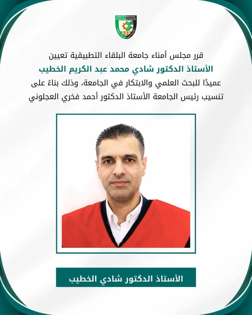 مجلس أمناء جامعة البلقاء التطبيقية يعيّن الدكتور شادي الخطيب عميدًا للبحث العلمي والابتكار