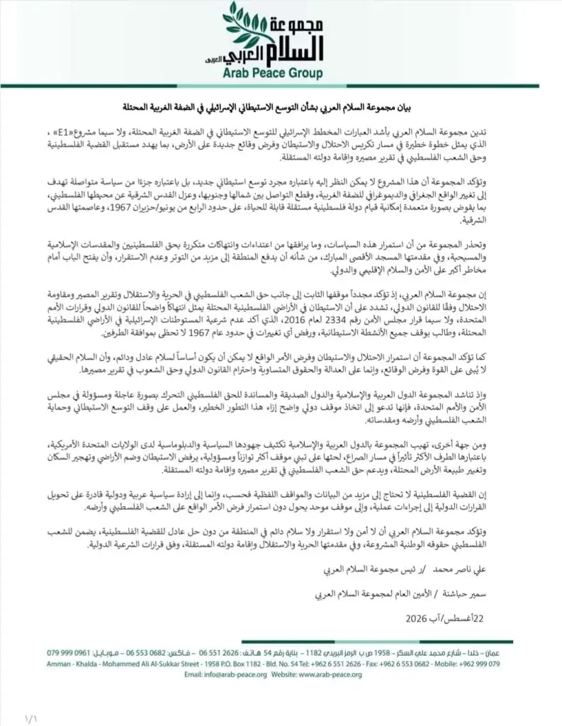 بيان مجموعة السلام العربي بشأن التوسع الاستيطاني الإسرائيلي في الضفة الغربية المحتلة