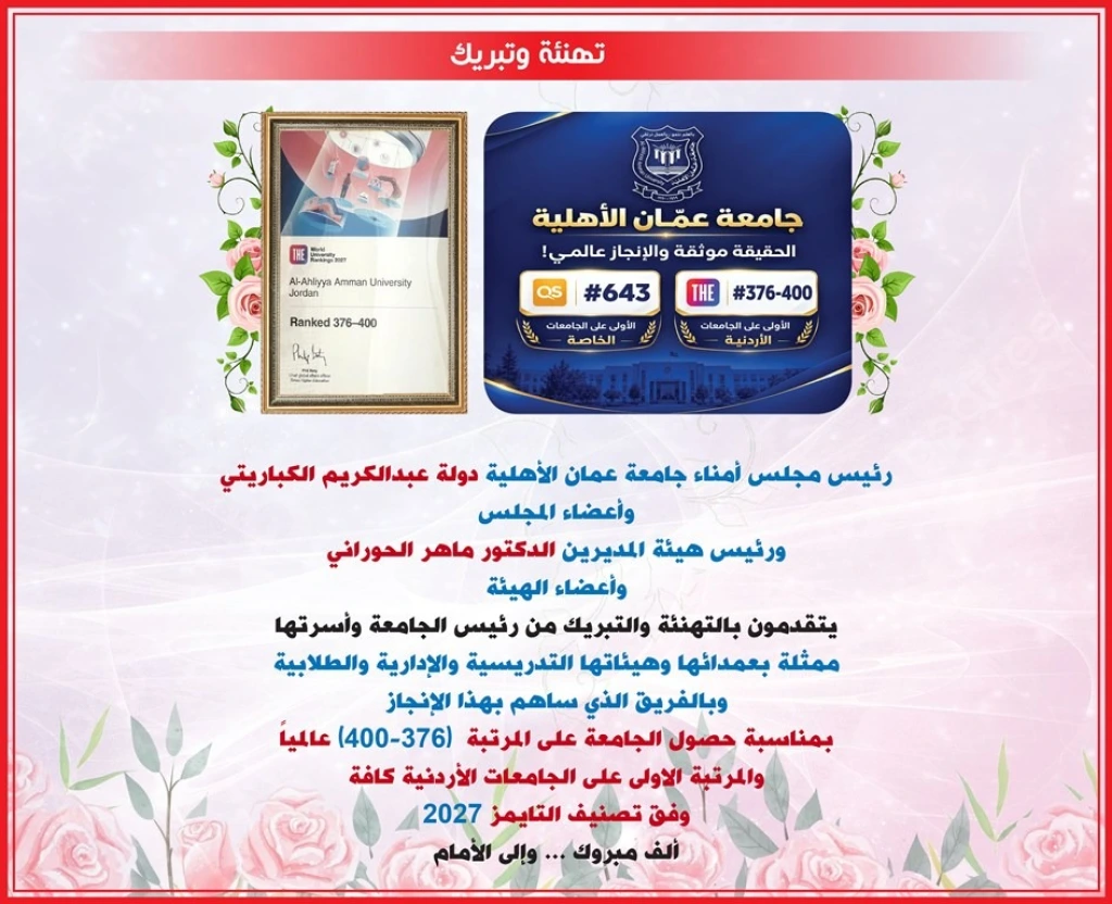 مجلس أمناء جامعة عمان الأهلية يهنؤون بتصدّر الجامعة محلياً وتحقيقها للمرتبة (376-400) عالمياً