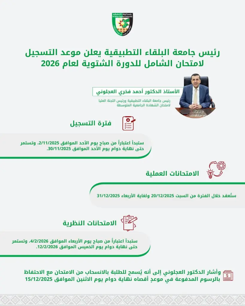 رئيس جامعة البلقاء التطبيقية يعلن موعد التسجيل لامتحان الشامل للدورة الشتوية لعام 2026